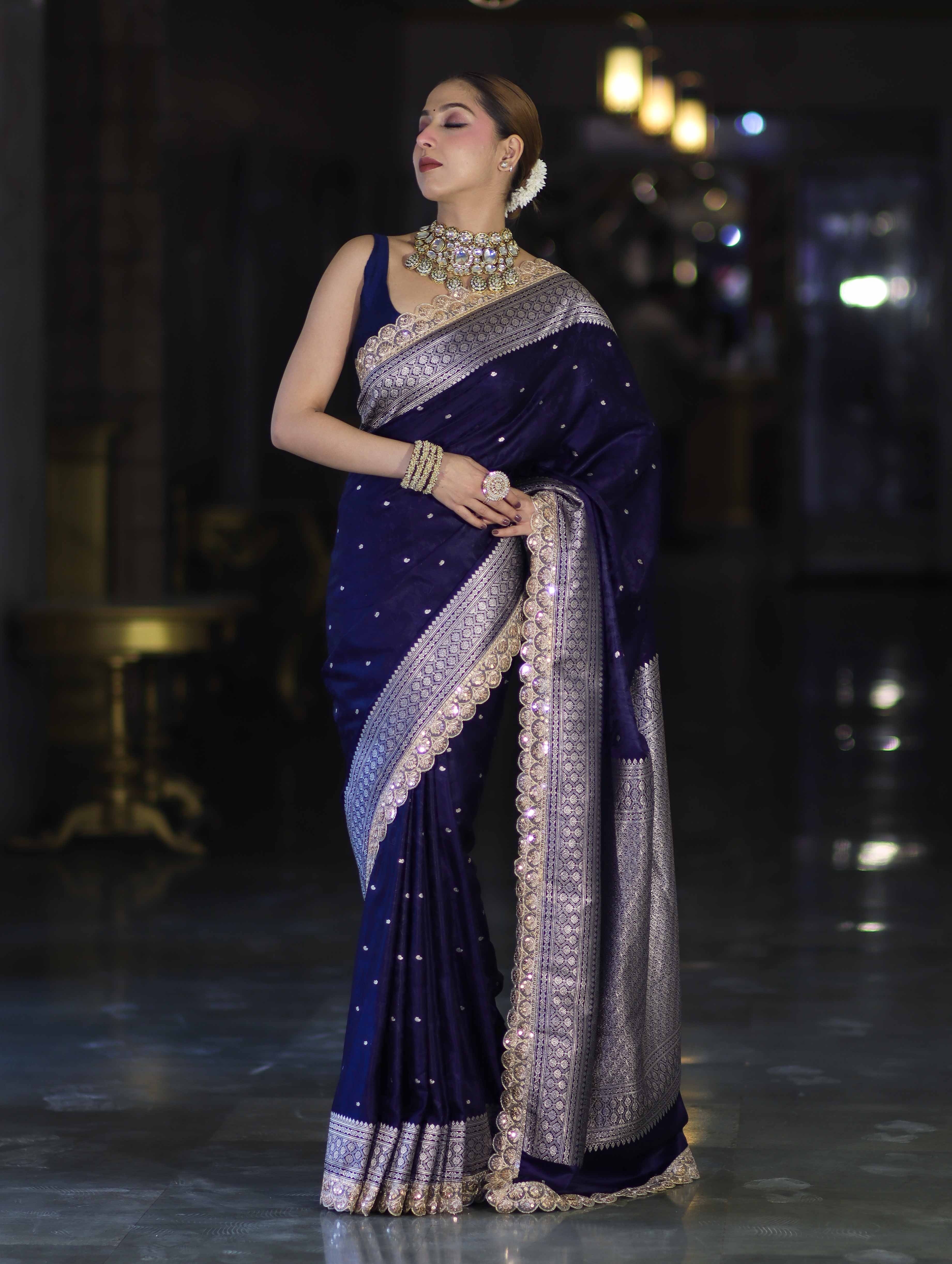 Royal Blue Handloom Mashru Silk Saree with Rich Woven Zari Border