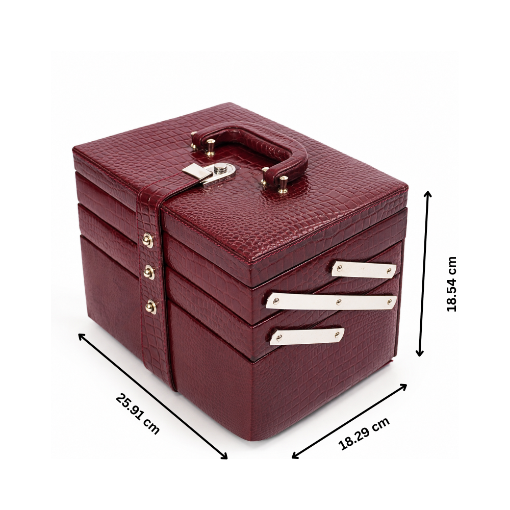 Luxury Cherry Red Crocodile Texture Leather Jewellery Box with Mirror, Multi-Layer Jewellery Storage Organizer for Rings, Earrings, Necklaces, Bracelets, Bangles & Watches (25.91 × 18.29 × 18.54 cm)