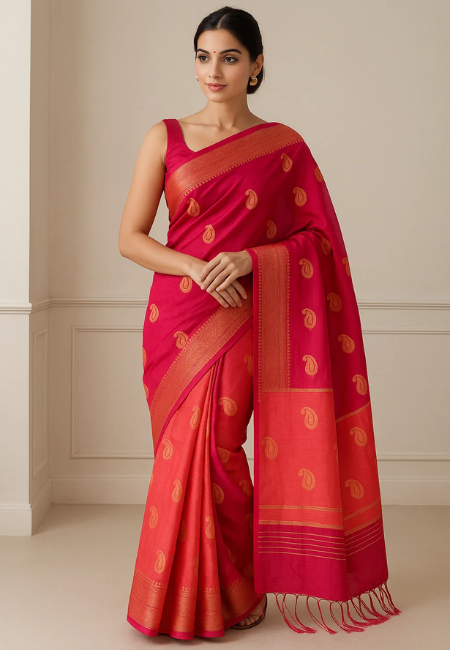Crimson Gold  Pure Handloom Cotton Silk Saree in Red & Golden