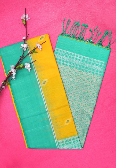 Emerald Radiance Pure Kanjeevaram Silk Saree in Green and Yellow
