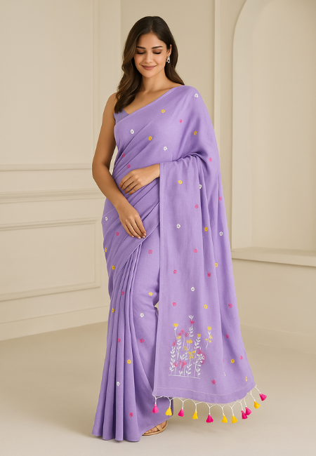 Lilac Whisper Embroidered Pure Handloom Cotton Saree