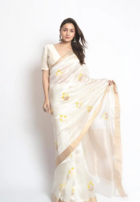 Off-White Chanderi Pattu Silk Saree with Yellow Self-Design and Metallic Zari Border