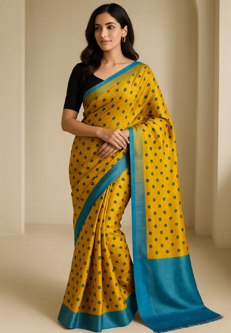 Golden Horizon Handcrafted Yellow Pure Tussar Silk Saree with Blue Border