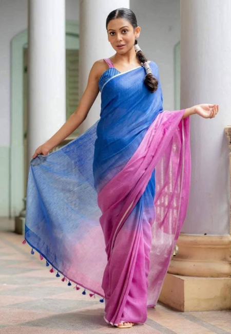 Twilight Bloom Pure Linen Saree