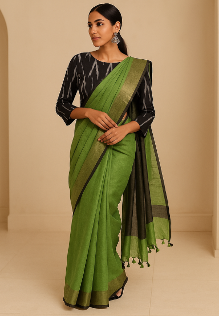 Verdant Grace Pure Linen Green Saree