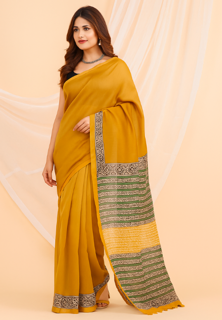 Sunshine Tradition Hand Block Printed Chanderi Cotton Silk Saree