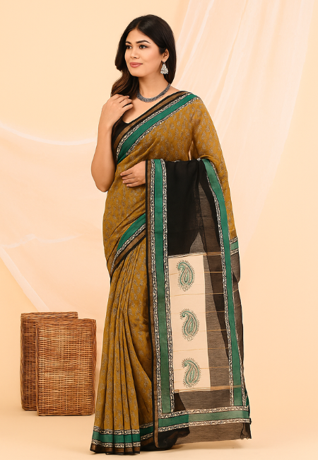 Traditional Chanderi Cotton Silk Saree with Dual Border & Paisley Pallu