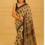 Hand Block Printed Beige & Rust Chanderi Cotton Silk Saree