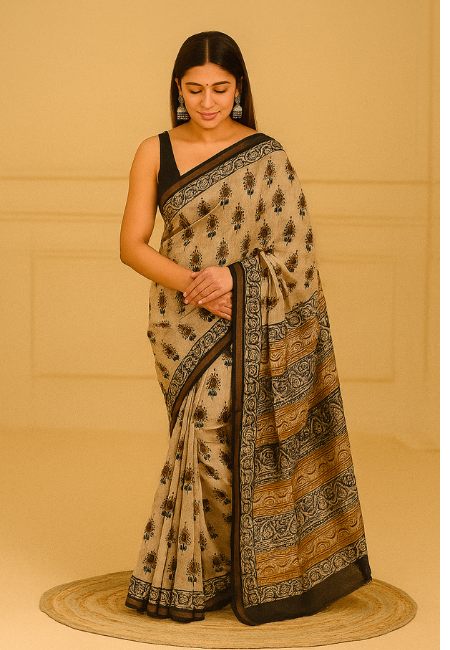 Hand Block Printed Beige & Rust Chanderi Cotton Silk Saree