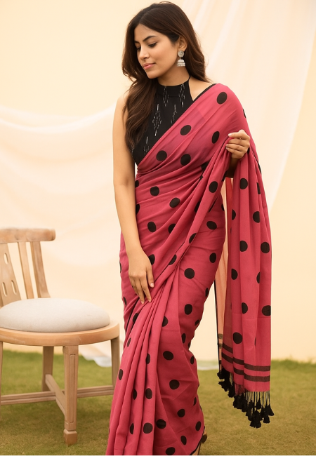 Pink Polka Dot Mul Cotton Saree (No Blouse)