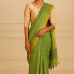Olive Green Linen Saree with a Touch of Golden Eleganc
