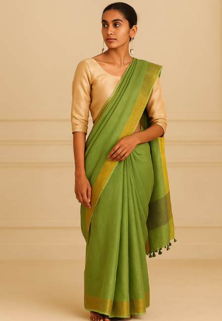 Olive Green Linen Saree with a Touch of Golden Eleganc