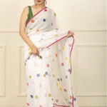 White Mul Cotton Saree with Multicolor Polka Embroidery (No Blouse)