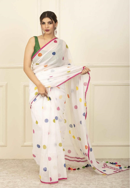 White Mul Cotton Saree with Multicolor Polka Embroidery (No Blouse)