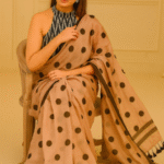 Blush Pink Mul Cotton Saree with Black Polka Dots (No Blouse)