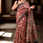 Hand Block Printed Chanderi Saree in Red Floral & Black Border