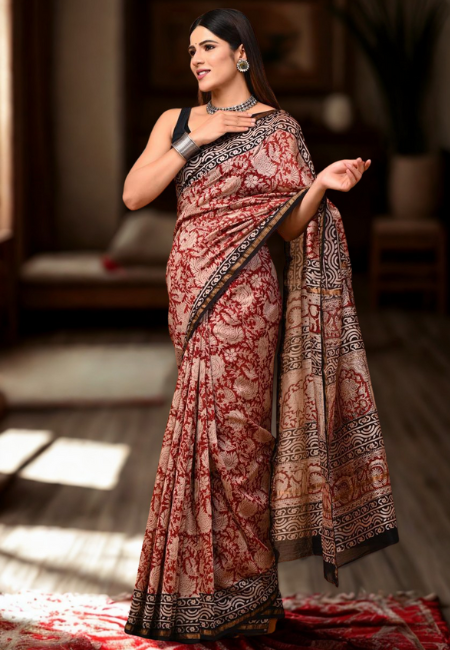 Hand Block Printed Chanderi Saree in Red Floral & Black Border