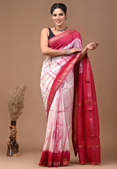 Red & White Maheshwari Cotton Silk Saree