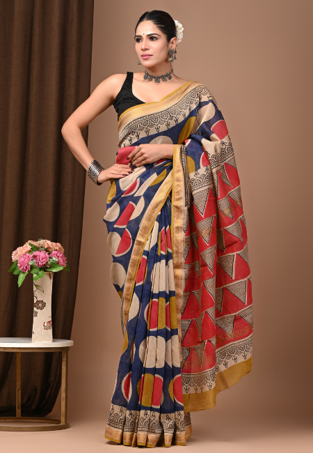 Multicolor Maheshwari Handblock Cotton Silk Saree