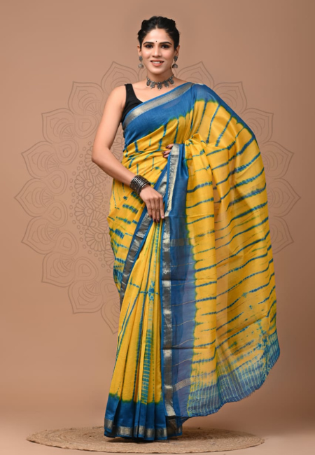 Yellow & Blue Maheshwari Cotton Silk Saree