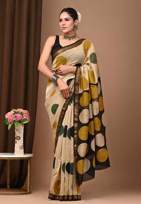 Beige Maheshwari Cotton Silk Saree with Polka Print
