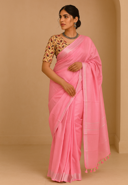 Soft Pink Linen Saree with Border