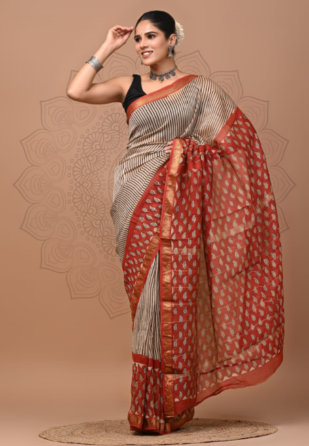 Red & Beige Maheshwari Cotton Silk Saree with Zari Motifs