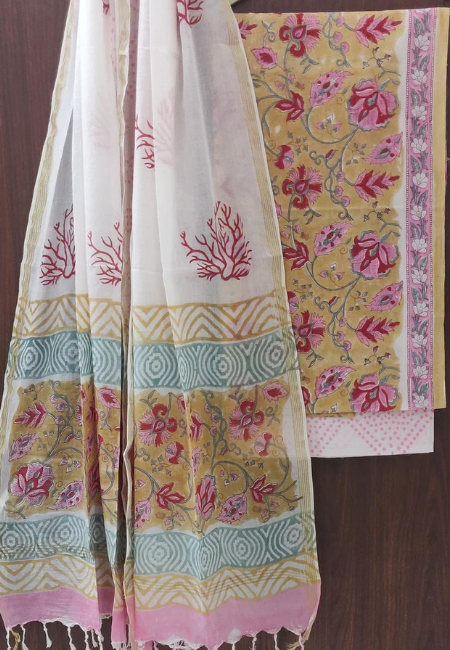 Warm Mustard & Pink Hand Block Printed 3pc Cotton Suit Set with Pure Cotton Dupatta