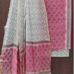 Unstitched Bright Pink & Ivory Hand Block Print 3pc Cotton Suit Set with Pure Cotton Dupatta
