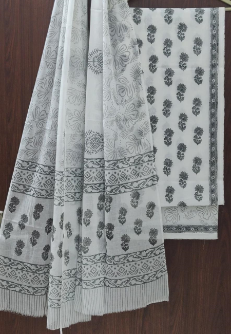 Black & White Hand Block Print 3pc Suit Set with Pure Cotton Dupatta