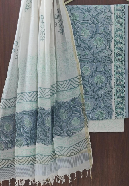 Fine Count Cotton Hand Block Print 3pc Suit Set with Pure Cotton Dupatta