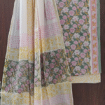 Unstitched Soft Green & Blush Pink Floral Hand Block Printed 3pc Cotton Suit Set with Pure Cotton Dupatta
