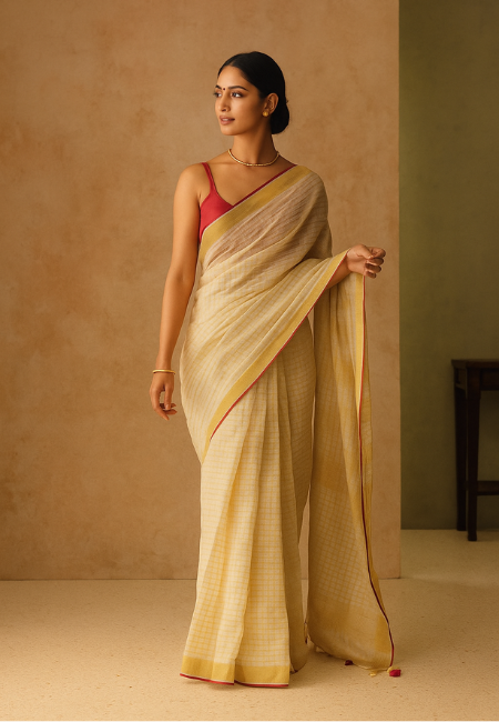 Cream Pure Linen Saree with Red And Golden Border