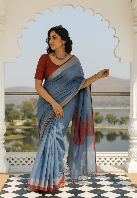 Royal Breeze Sky Blue Linen Saree
