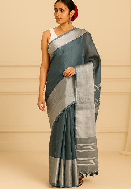 Silver Horizon Handwoven Linen Saree