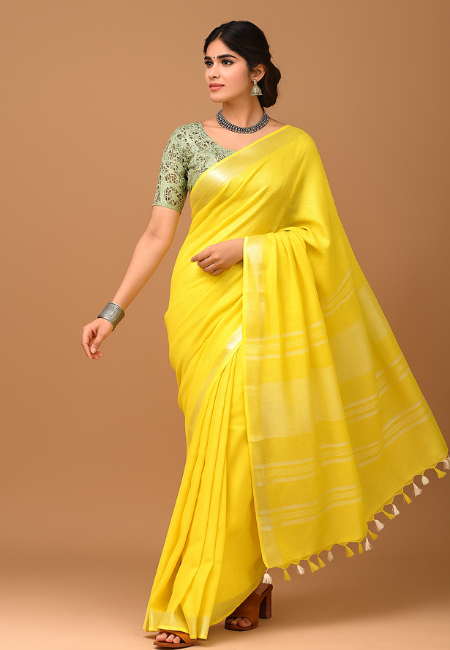 Lemon Glow Natural Linen Saree