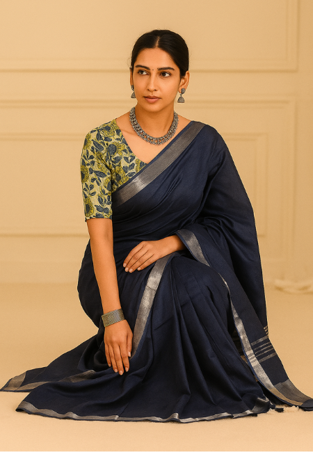 Pure Linen Saree in Ink Blue