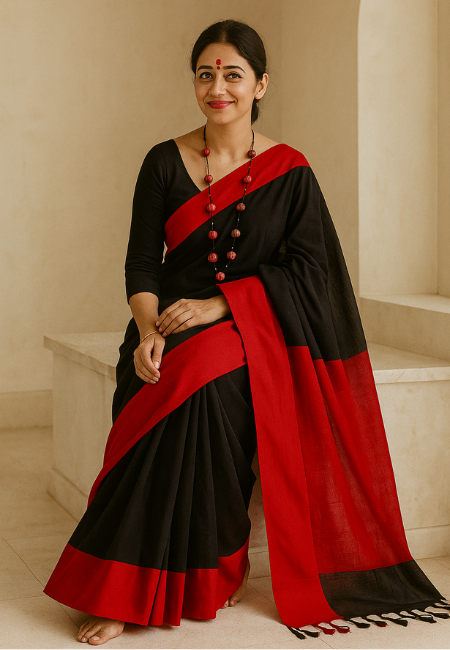 Red & Black Handwoven Linen Elegance Saree