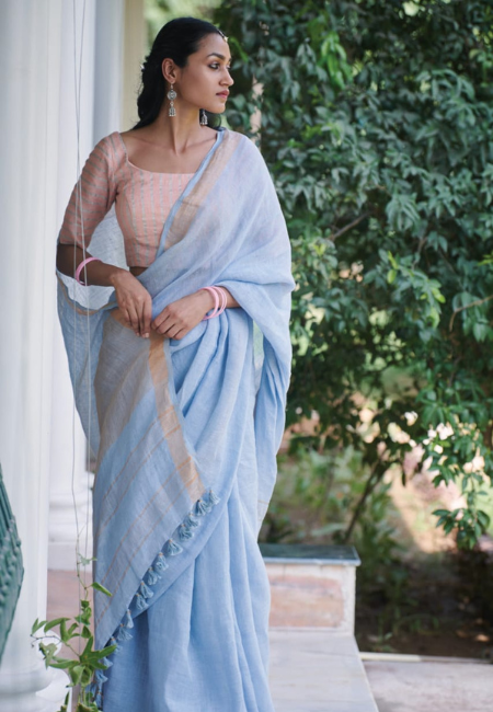 Pastel Blue Pure Linen Saree