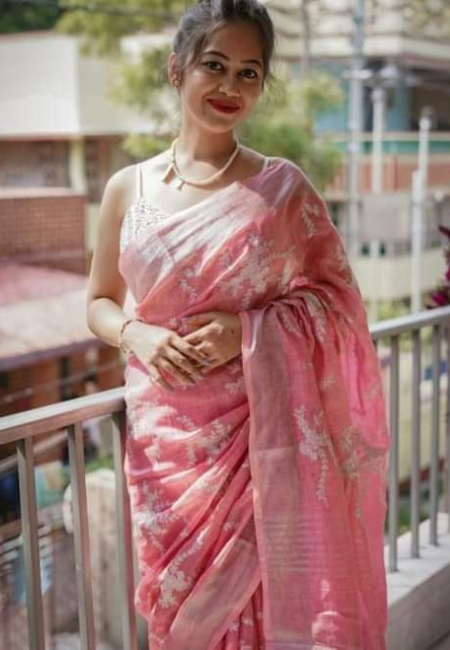 Soft Pink Pure Linen Saree with White Embroidery
