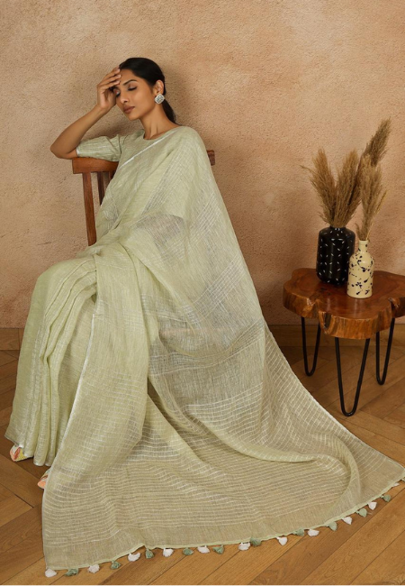 Pastel Sage Green Pure Linen Saree