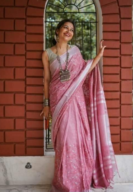 Rose Pink Pure Linen Saree with Subtle White Embroidery