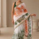 Tricolor Handprint Linen Saree – Independence Day Edition