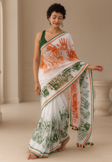 Tricolor Handprint Linen Saree – Independence Day Edition