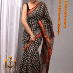Black Maheshwari Silk Handblock Printed Saree with Natural Dyes