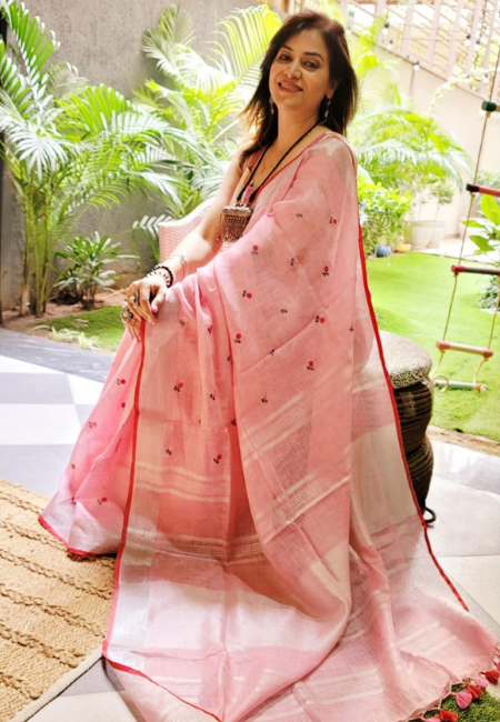 Blush Pink Pure Linen Saree with Tassel Detailing