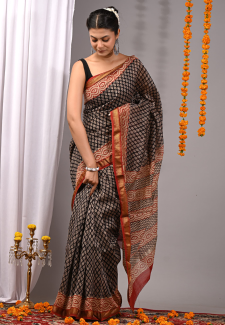 Maheshwari Silk Saree with Red and Beige Handblock Print