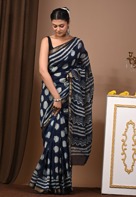 Indigo Maheshwari Silk Saree with Handblock Dots & Zigzag Print