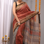 Handblock Printed Maheshwari Silk Saree in Red with Earthy Tones