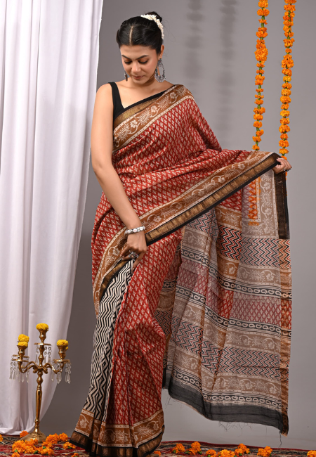Handblock Printed Maheshwari Silk Saree in Red with Earthy Tones